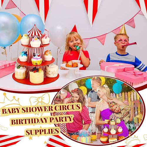 Miniatura 4 de 2 soportes para cupcakes de carnaval de cartón de 3 niveles, soporte para cupcakes de circo a rayas rojas y blancas para exhibiciones de mesa de