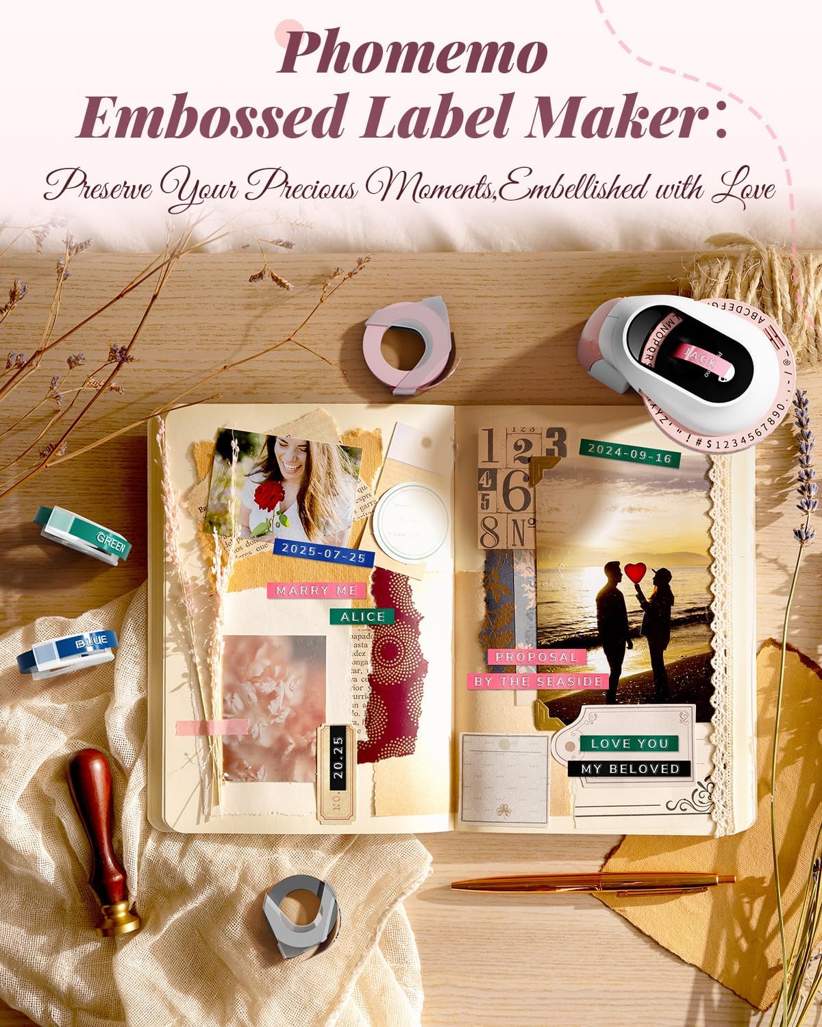 Phomemo Embossing Label Maker Machine, Scrapbook Junk Journal Supplies, Embossed Label Maker, 3D Retro Old School Embosser Labeler, Embossing Label Waterproof for Kid DIY Home School Office, Pink