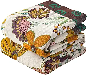 King Boho Throw Blanket for Bed, 100% Cotton Muslin Soft Throw-Floral Farmhouse Rustic Decor Blanket for Couch Sofa Quilt and Gift, 91" x 98"-BeigeWhite