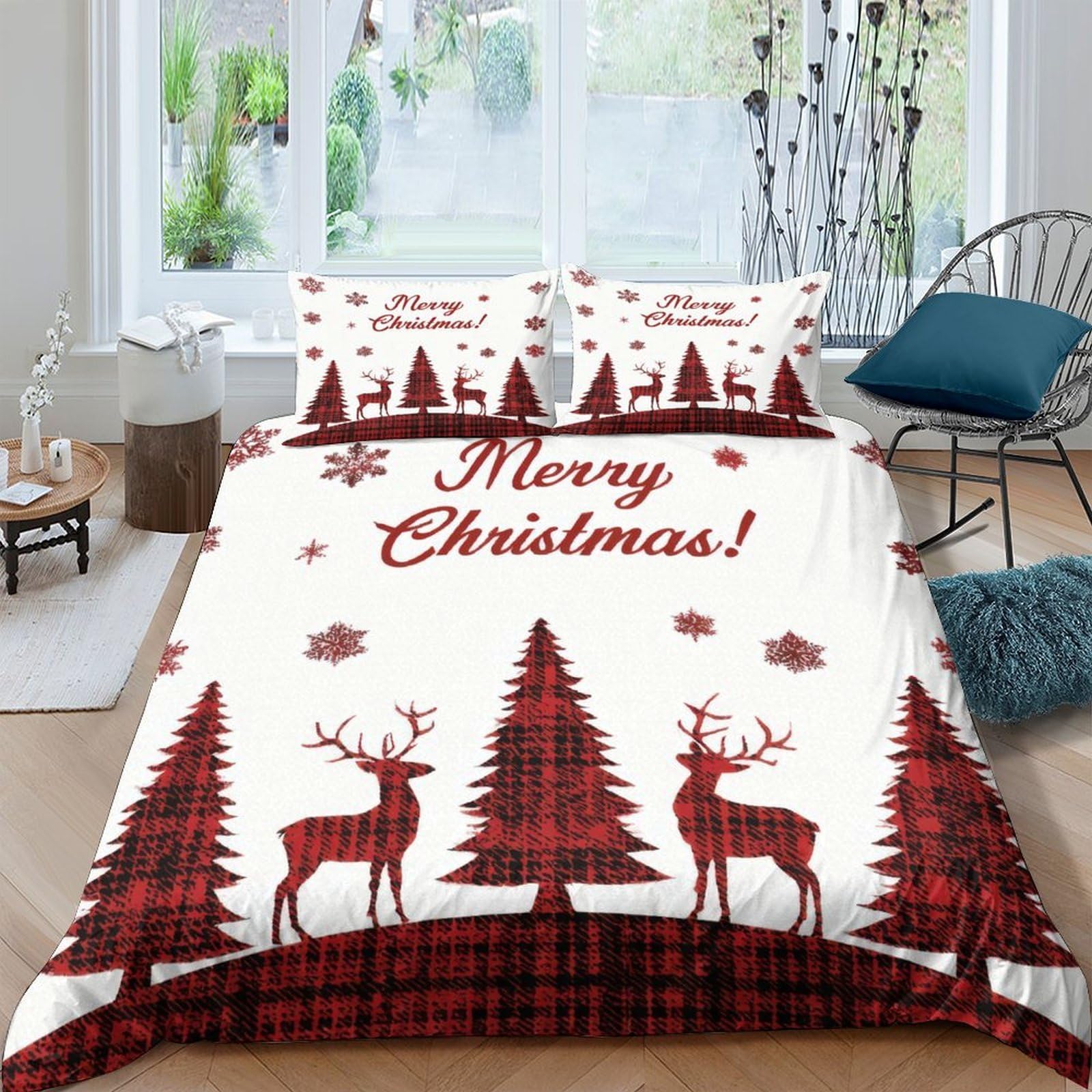 Ctjqhvkz Style-5 3D Printed Christmas Reindeer Fitted Sheet Microfiber Red Pine Tree Bed Cover For Bedroom Guest Room Easy Care Single（135X200cm）