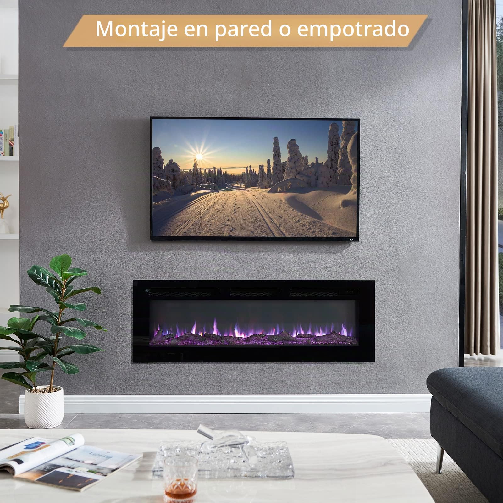 FLAMEKO Wilton,Chimenea eléctrica 3 en 1 de 127 cm, independiente, montaje en pared, empotrada, efecto de llama de 9 colores, compatible con pared multimedia,1800 W, control remoto