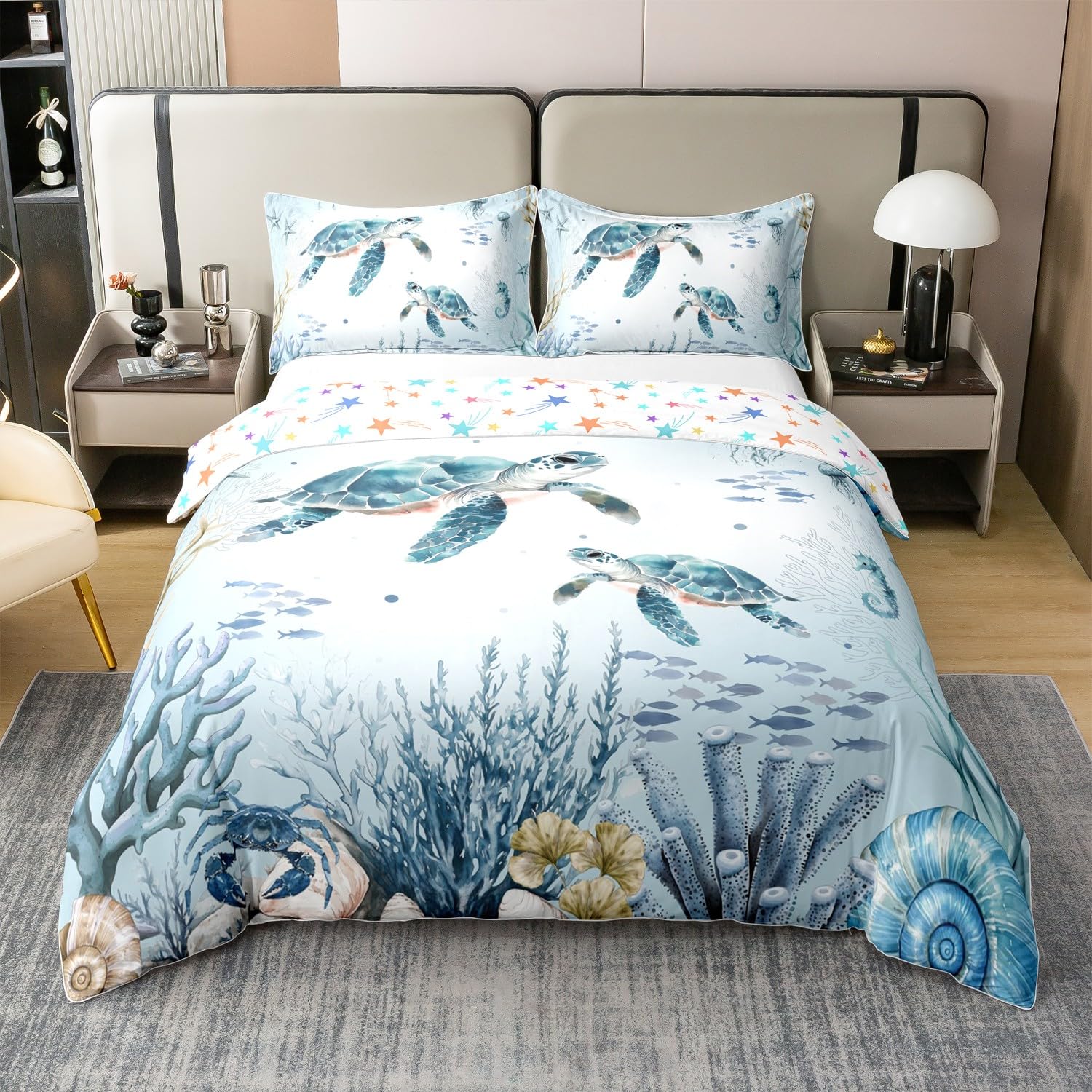 Housse de couette tortue de mer 100% coton parure plage côtière