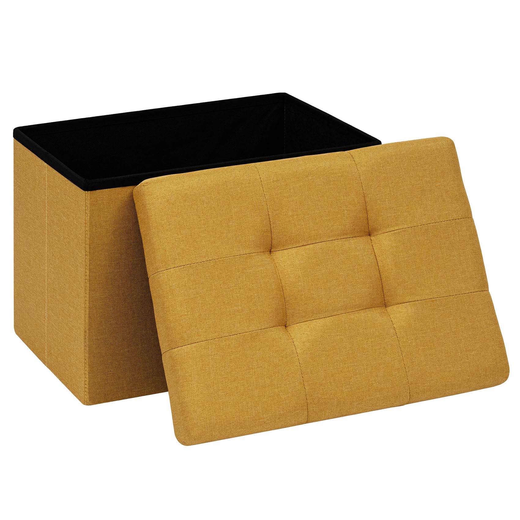 PINPLUS Linen Ottoman Storage Box with Lid, 42x32x32 cm, Ginger Yellow