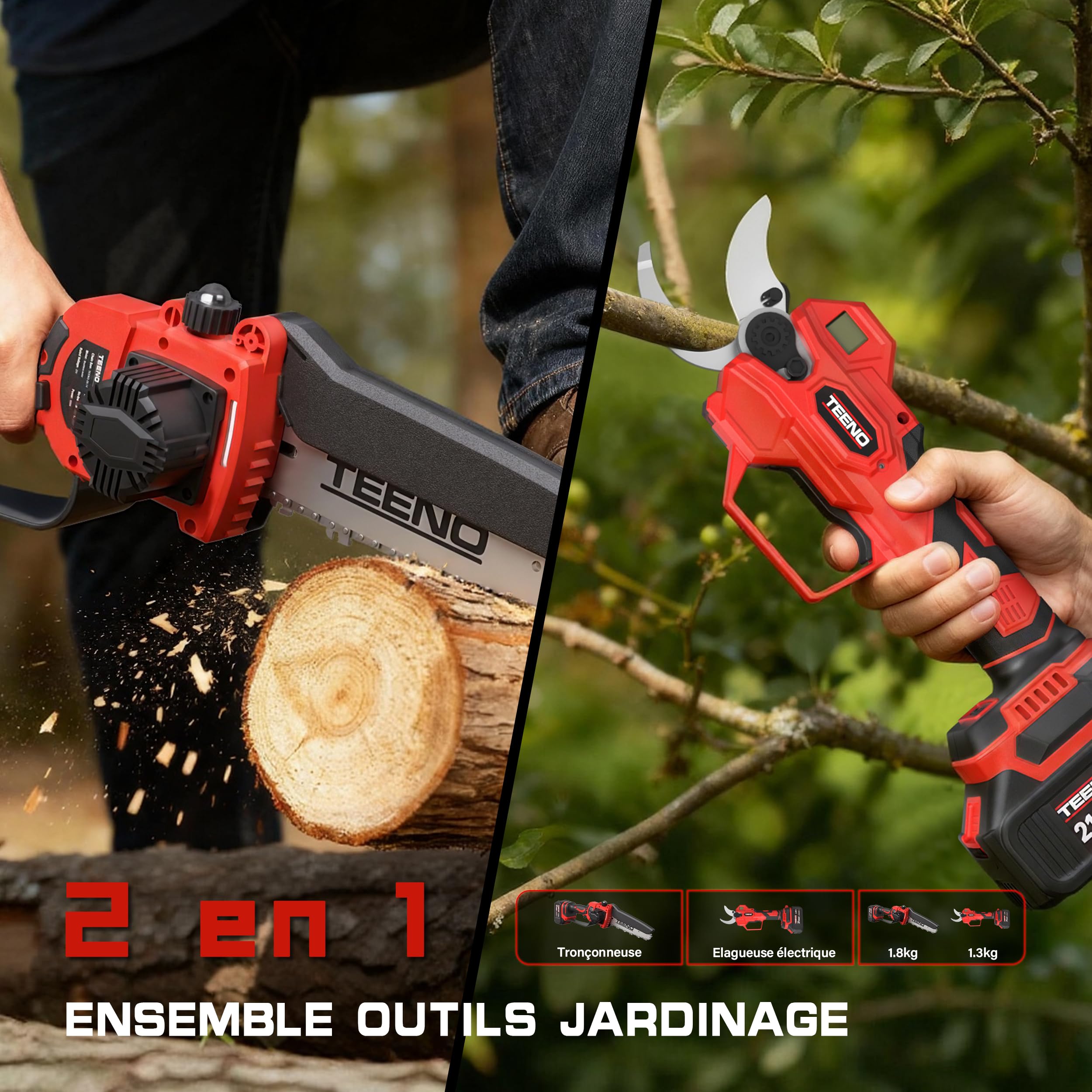 TEENO 2 en 1 Ensemble d'Outils de Jardinage : Mini Tronconneuse à Batterie 6 Pouces + Sécateur Électrique Sans Fil 0-40mm, 2 X 4.0 Ah Batteries, Lames Acier SK5 pour Coupe de Troncs et Branches