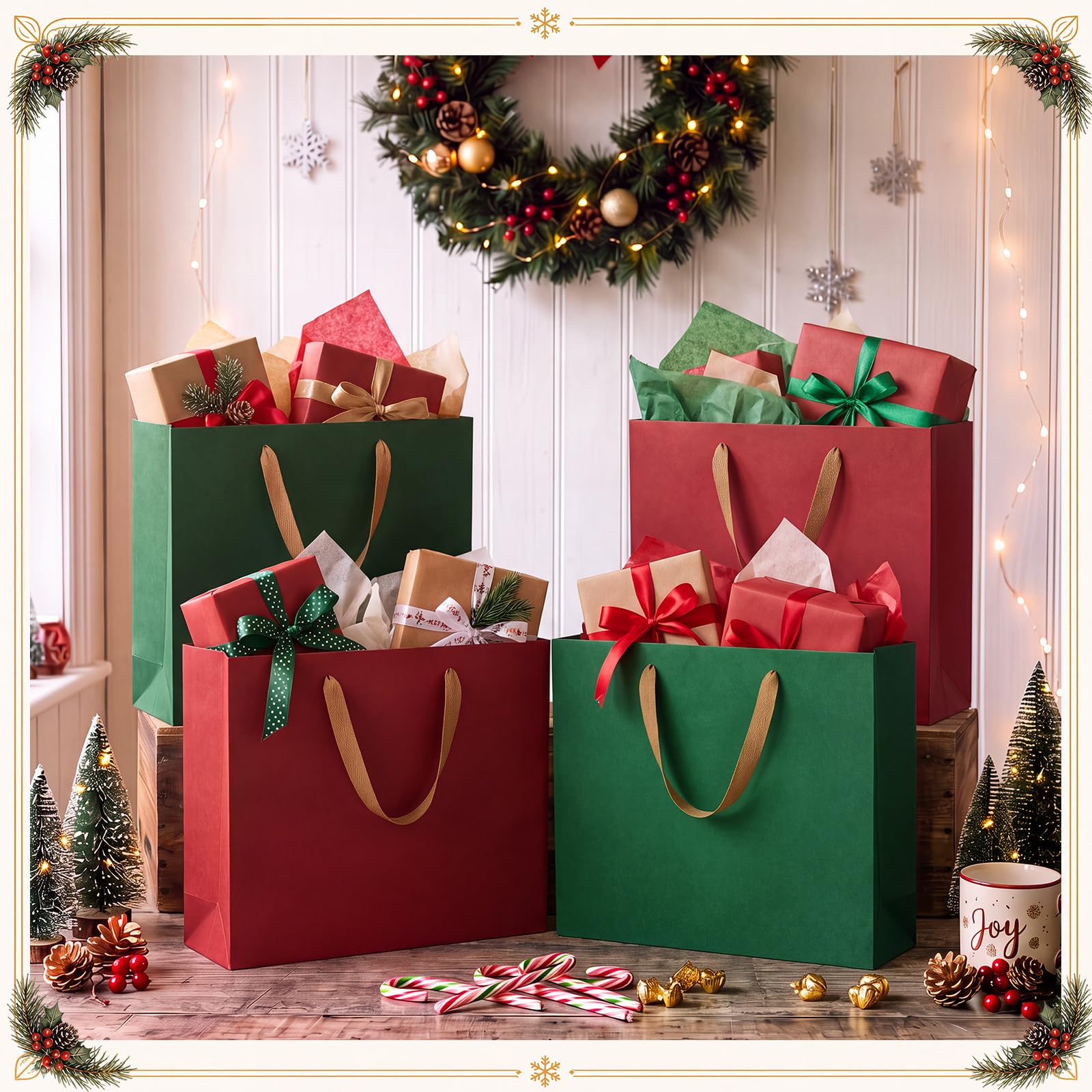 Tenceur Lot de 50 sacs cadeaux de Noël en papier kraft très résistants avec poignées - Sacs cadeaux de Noël réutilisables robustes pour Noël, fêtes, mariages (26 x 21 x 7,9 cm)