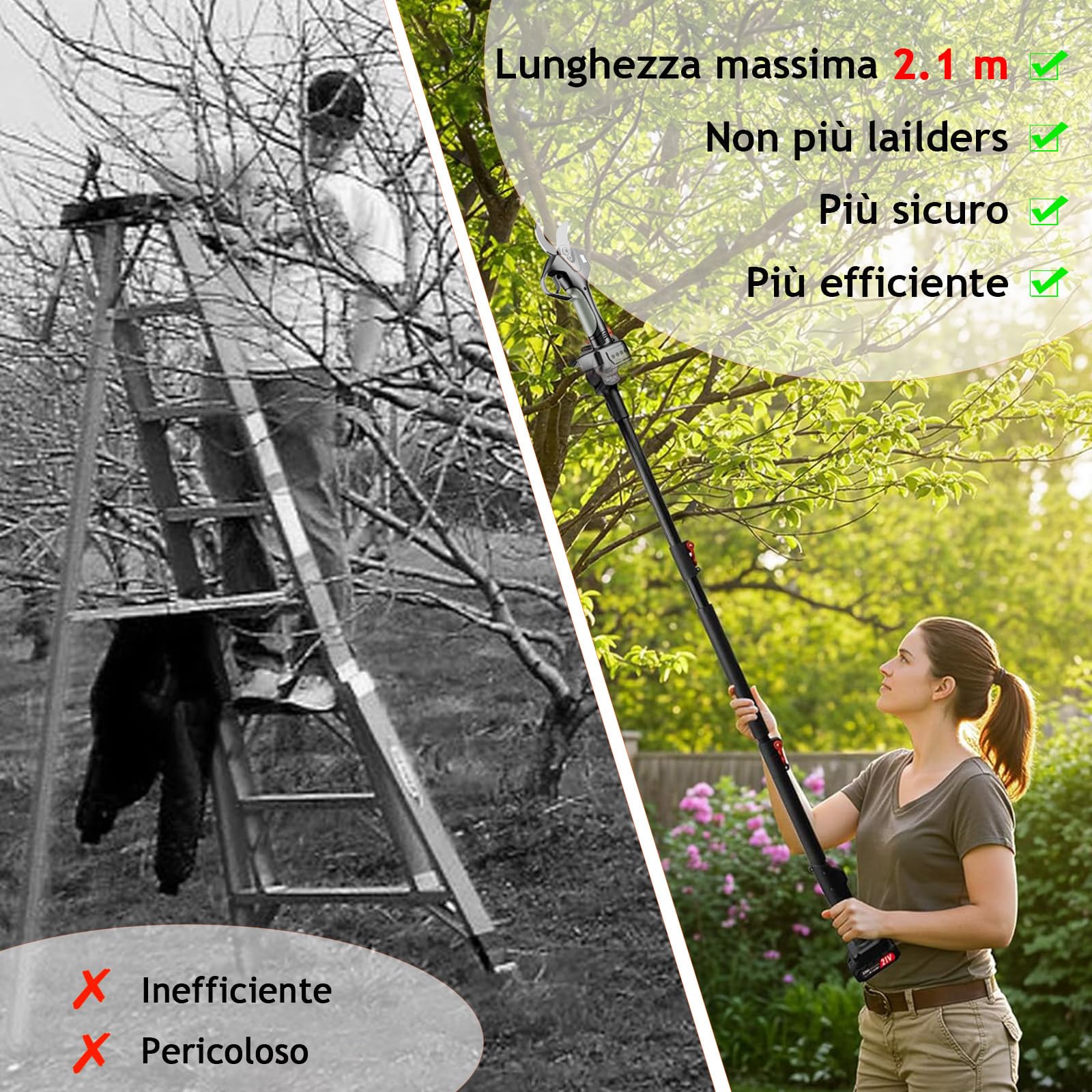 Forbici Potatura a Batteria con Asta, Cesoie Elettriche Professionali 2 x 4500 mAh, Display per Giardino, Frutteto