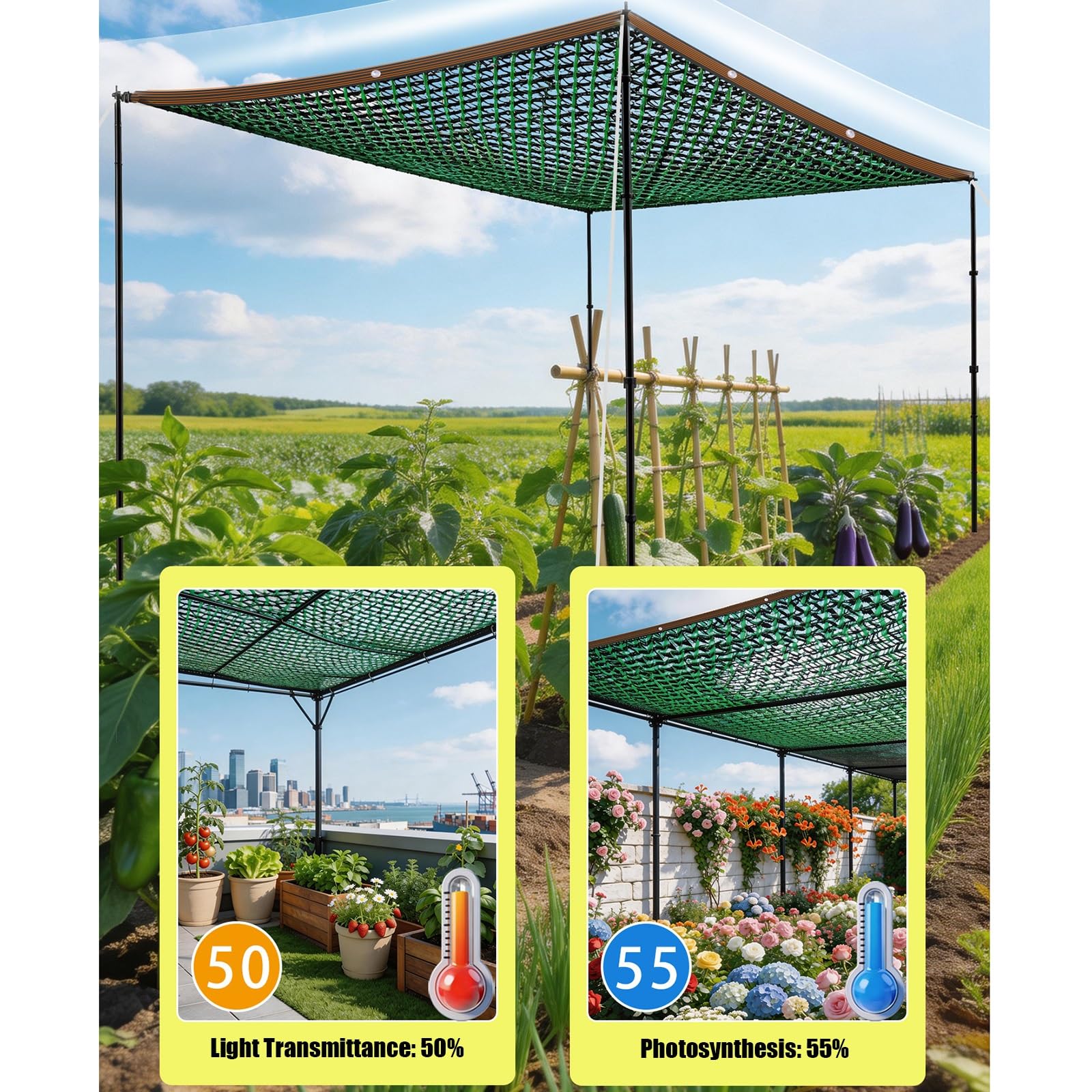 Toile d'ombrage HDPE 4x7m, Filet d'ombrage pour jardin 50% avec œillets, Bâche d'ombrage 2x4m, 5x7m, 7x12m, 8x20m