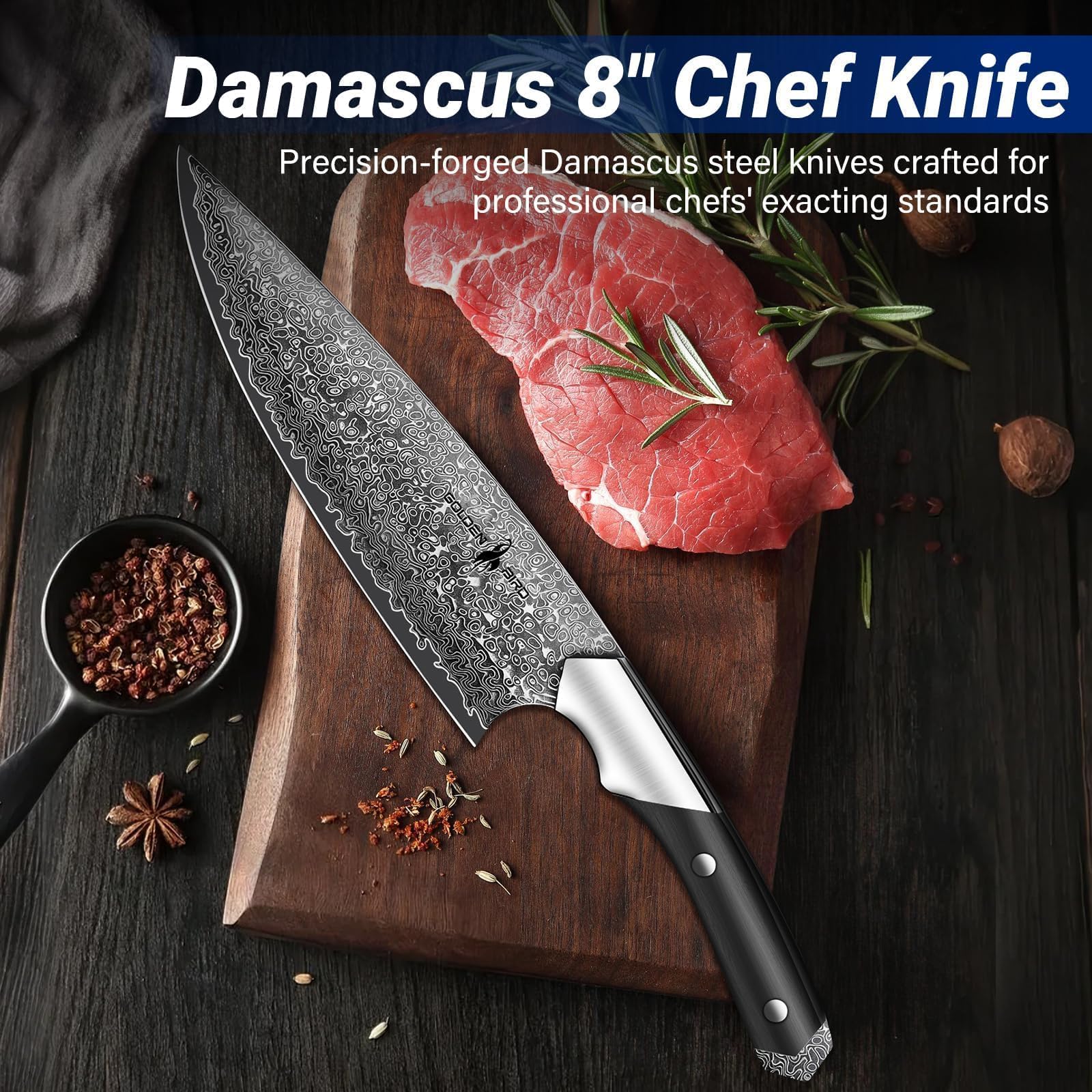 Golden Bird Damastmesser Kochmesser 20cm Professionelles Küchenmesser Hergestellt aus 67-lagigem japanischem Damaststahl, Kohlenstoff-Superstahl Fleischmesser für Küche - Schwan-Serie
