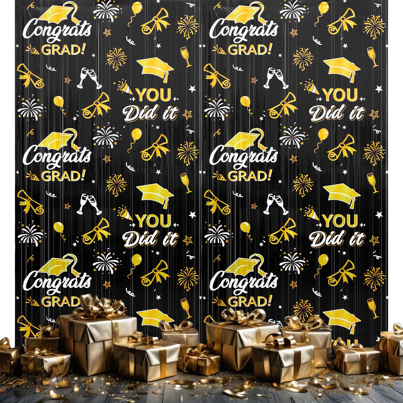 2025 Graduation Decorations Black and Gold Foil Fringe Curtain Set 2 Pack Congrats Grad Decorations Class of 2025 Sparkling Tinsel Streamers 3.3 x 6.6
