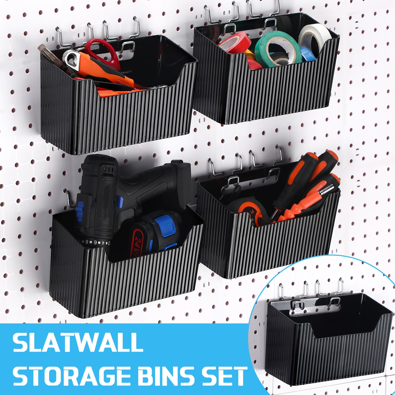 Suzile 4 Pcs Pegboard Bins Plastic Bins Set 7.9 x 3.3 x 4.7'' Pegboard Containers with Metal Hooks Organizing Assortment Accessories for Organizing Storage Tools Storage Workbench Garage (Black)