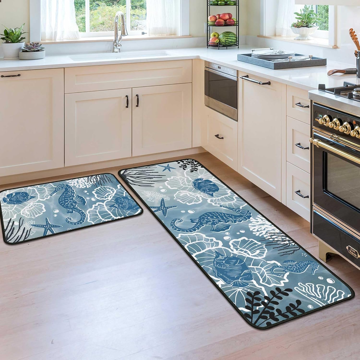 Coastal Beach Kitchen Rugs and Mats for Floor, Summer Decorations for Home, 2 Pcs Non-Slip Backing Nautical Kitchen Mat, Summer Decor Seahorse Ocean Kitchen Rug Sets with Runner 17"x47.2"+17"x30"