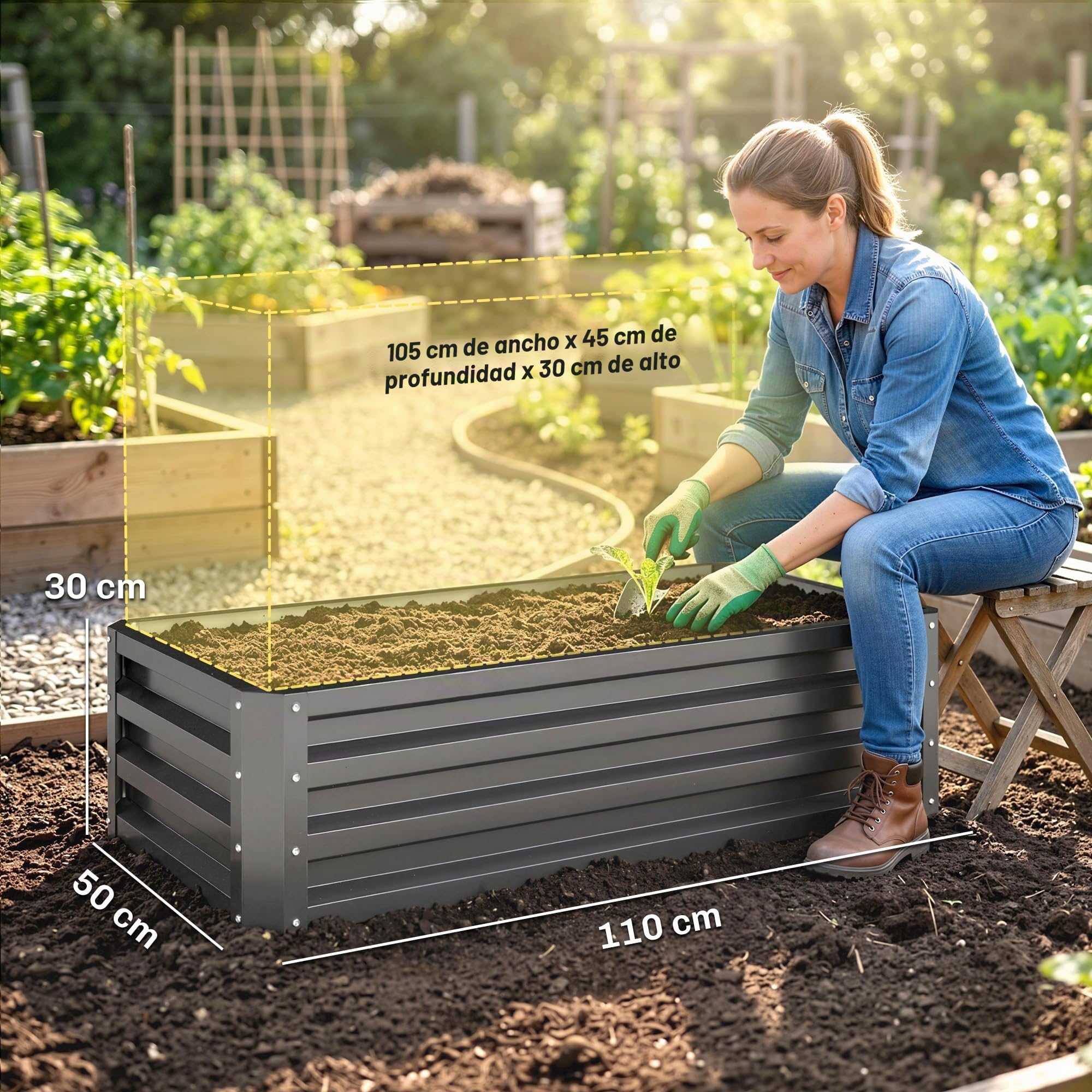 Outsunny Juego de 2 Jardineras Exterior Grandes 110x50x30 cm Gris | Acero Galvanizado, Huertos Urbanos, Maceteros Exterior Elevados, para Plantas, Flores, Resistente a la Intemperie
