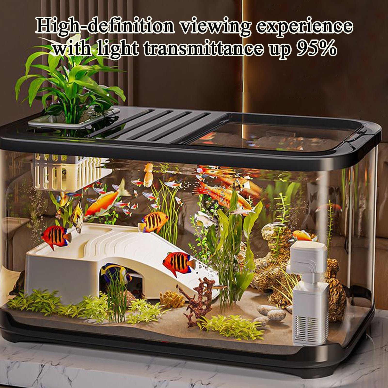 Aquarium-Starter-Set – kompaktes Einsteiger-Aquarium mit Entlüftungsdesign, Treppenzugang für Schildkröten und kleine Lebensräume, dekorativer Wasserbehälter aus Acryl | Mehrzweck-Wasserlandschaftsges