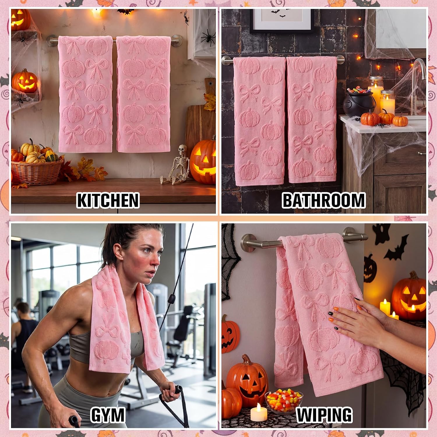 SmoothNovelty 2 Pcs Pink Pumpkin Bow Hand Towels for Bathroom 100% Cotton