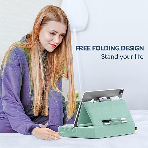 Miniatura 2 de KDD Soporte de almohada para tableta, soporte plegable para iPad para regazo, cama y escritorio, base suave para tablet con bolsillo y soporte para