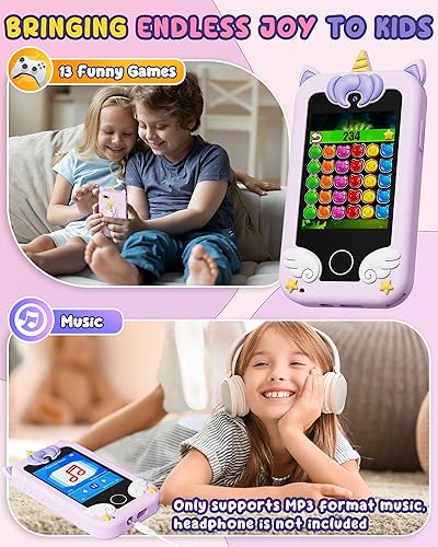 Miniatura 16 de UCIDCI Dinosaurio - Juguetes de teléfono inteligente para niños, cámara dual y reproductor de música, juguetes de teléfono para selfies, juguetes