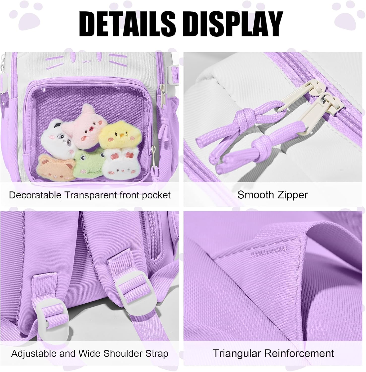 Kawaii Cat Ita Bag,Pin Purse,Pin Display Backpack Bag with Insert,For Daily Use and Cosplay(purple-white, Small)