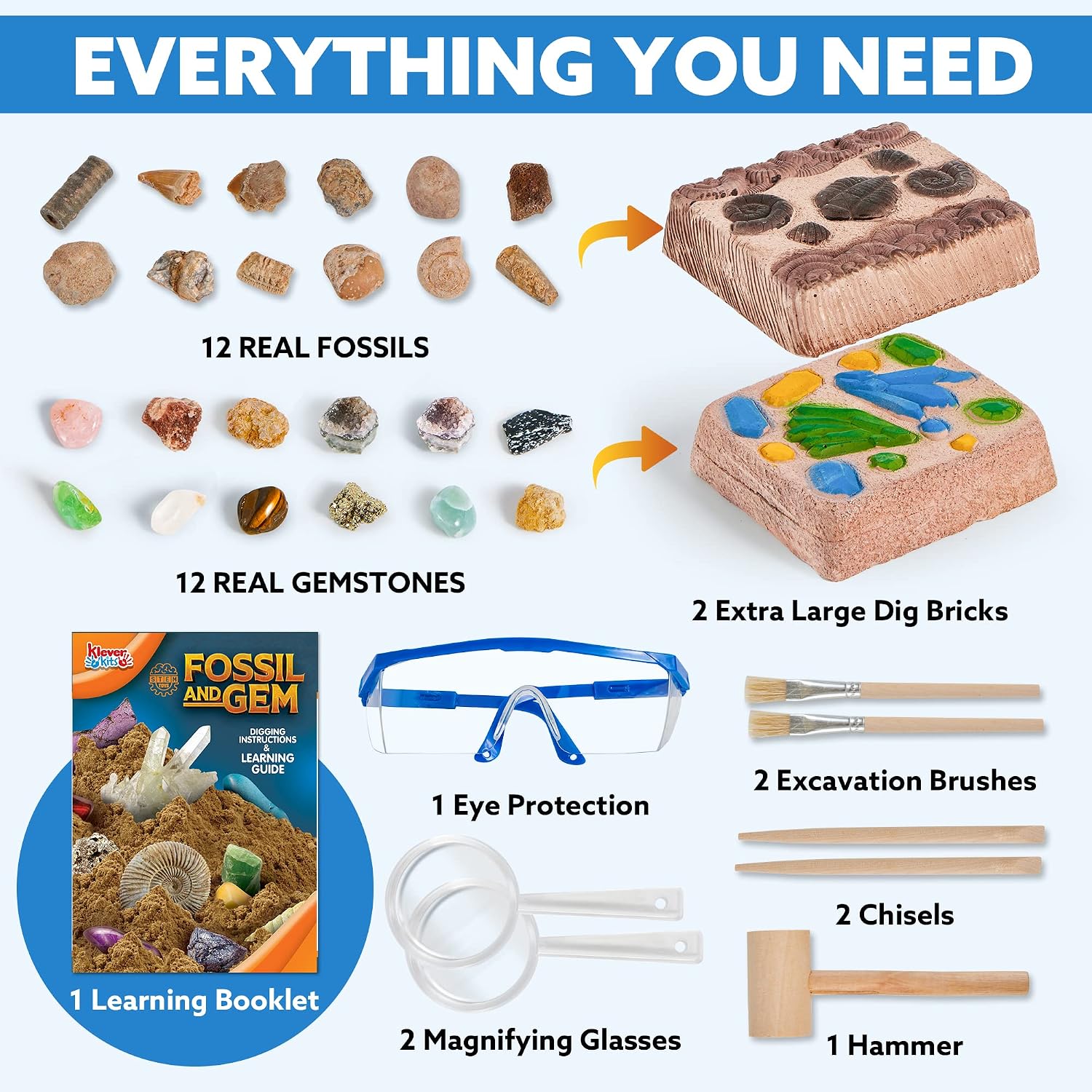 Fossil and Gemstone Dig Kit - 30+ Pcs Digging Kit for Kids Includes 24 Real Fossils, Mega Gems and Crystals, Shark Tooth, Geodes - Educational Toys, Great STEM Science Kit Gift for Girls and Boys
