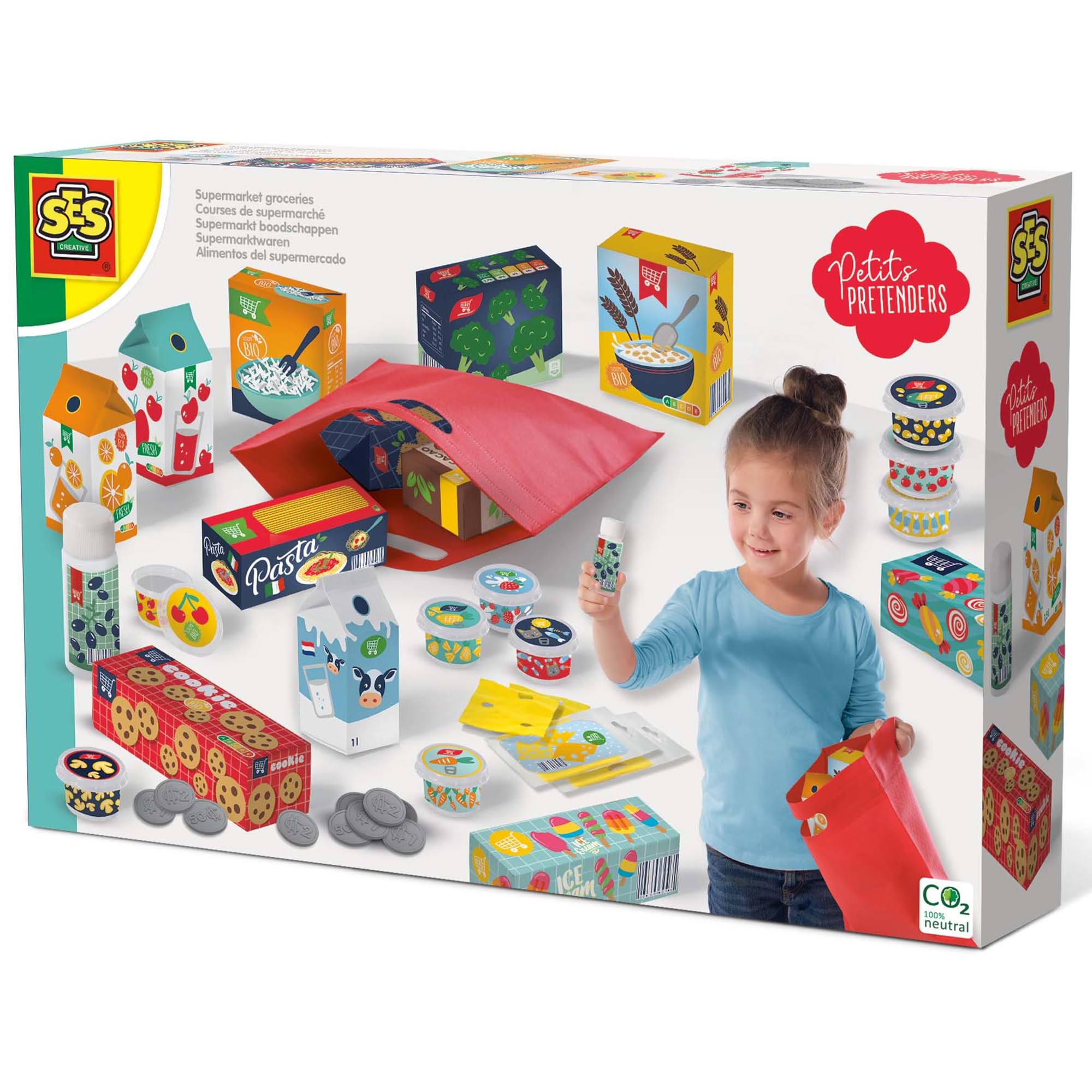 SES Creative: Supermarket Groceries - 55pcs, Shopping, Food & Kitchen Toy Set, 30 Realistic Mini Groceries, Play Money Coins & Bills, Kids Ages 3+