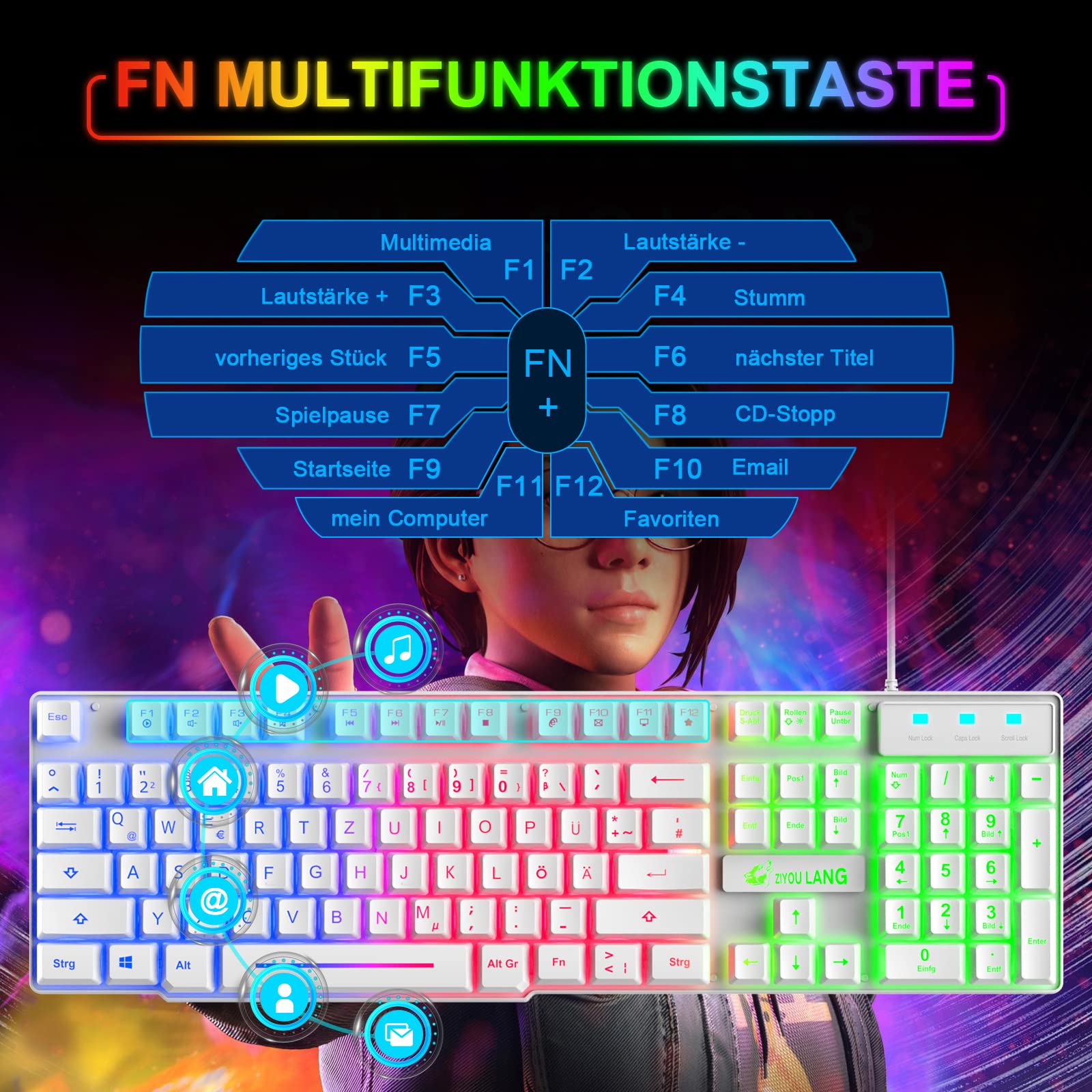 Teclado para juegos blanco con cable con ratón Diseño alemán QWERTZ Teclado con cable Retroiluminación LED RGB 2400 DPI Ratón de 6 botones Teclado y ratón compatible con PC PS5 PS4 Xbox