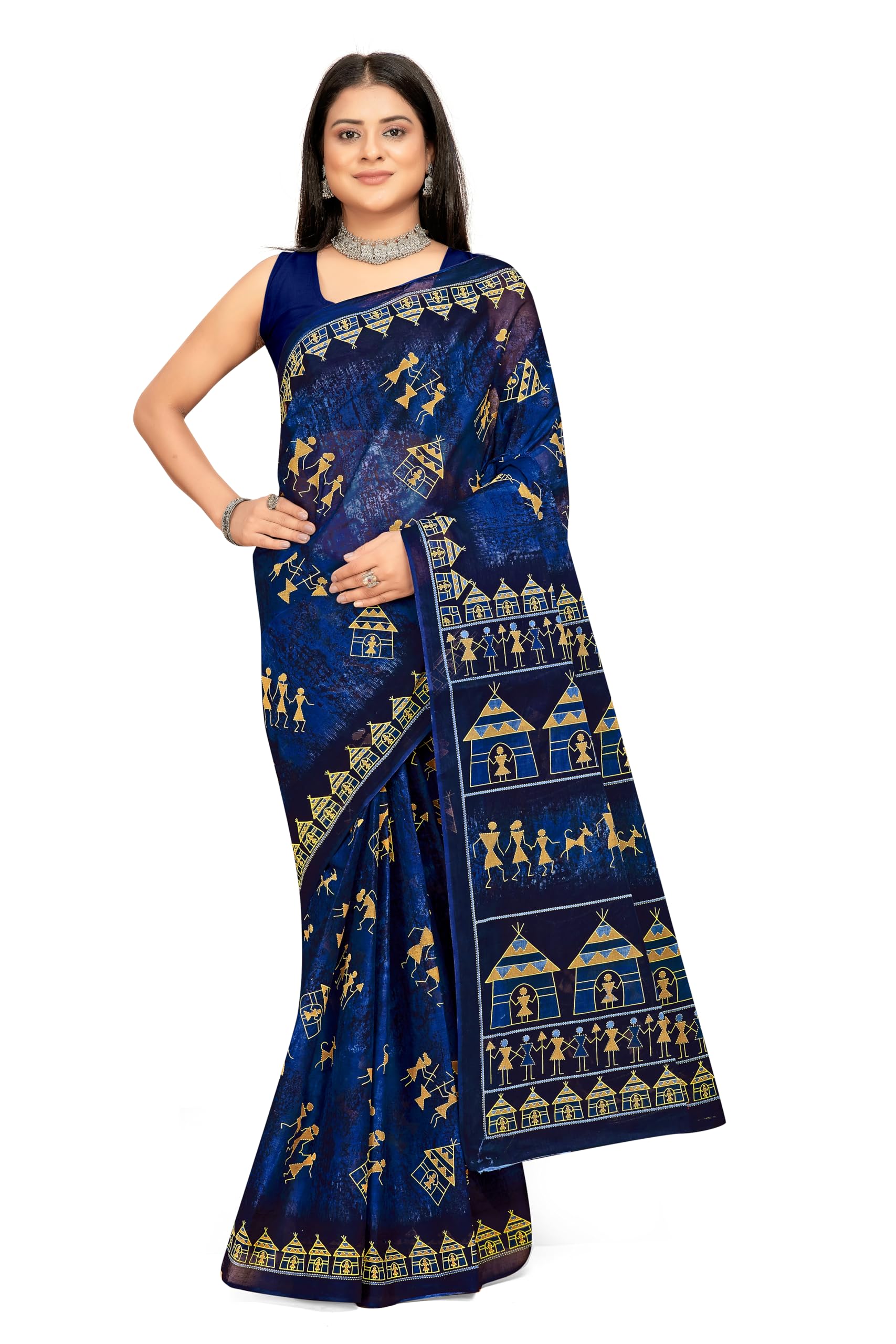 Tamaira Fashion Women's Warli Printed Pure Cotton Mulmul Saree Without Blouse Piece(11582_Indigoblue)