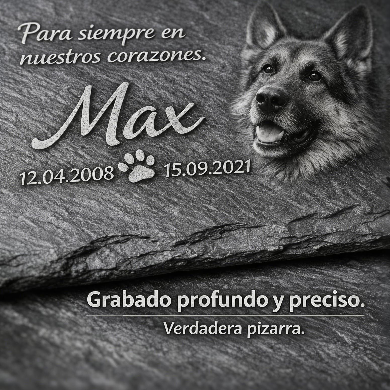 Placa Conmemorativa Personalizada para Mascotas en Pizarra Natural – Memorial para Perro o Gato con Foto y Texto Grabado – Apta para Exterior – 30x15 / 30x20 / 40x30 cm