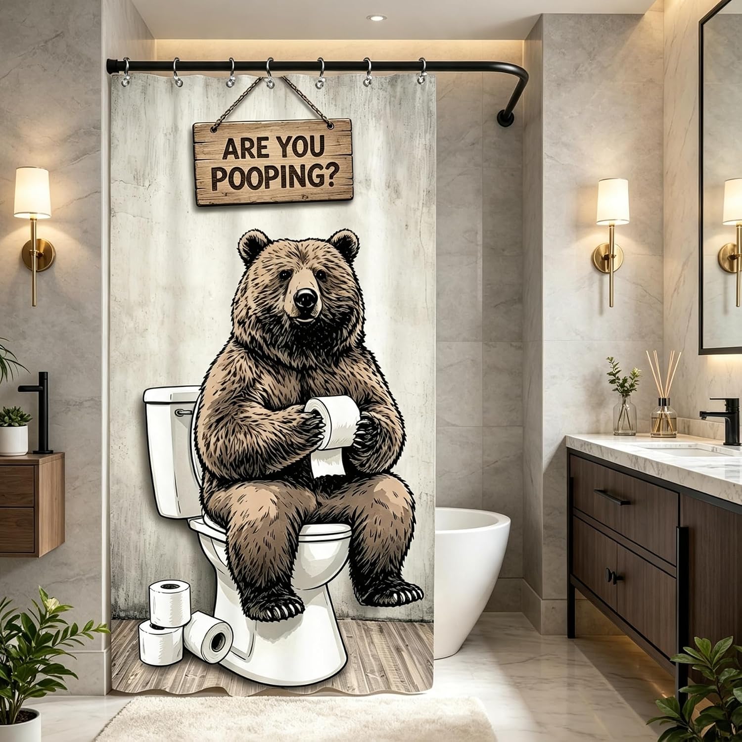 Stall Bear Funny Animal Bathroom Shower Curtain Small Half Get Naked Brown Cute Bathtub Farmhouse Kids 36W by 71H Inch Polyester Fabric 7 Plastic Hooks Waterproof Decor