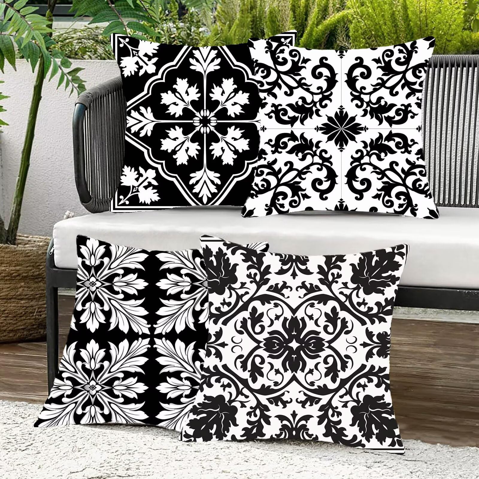 Kissenbezug 60x60 cm Böhmen 4er Set Sofakissen Superweichem Doppelnähten Versteckter Reißverschluss Schwarz und Weiß Outdoor Kissen Leinen gelten für Terrassen-Gartenbank Wohndeko Schlafzimmer G-P