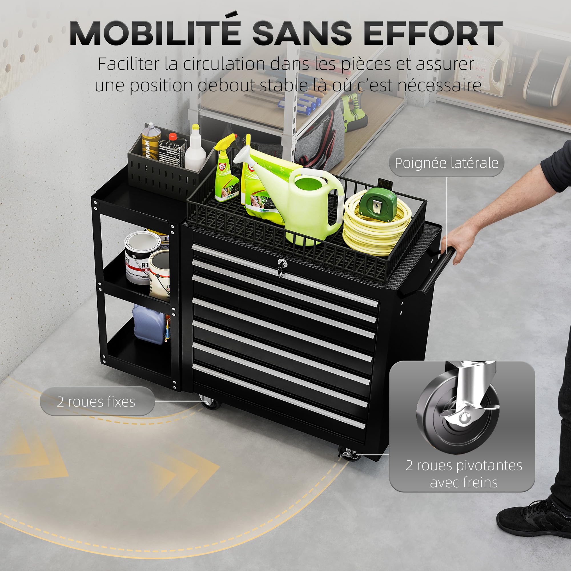 HOMCOM Servante d'Atelier en Acier à 7 Tiroirs Verrouillable 2 Clés Noir