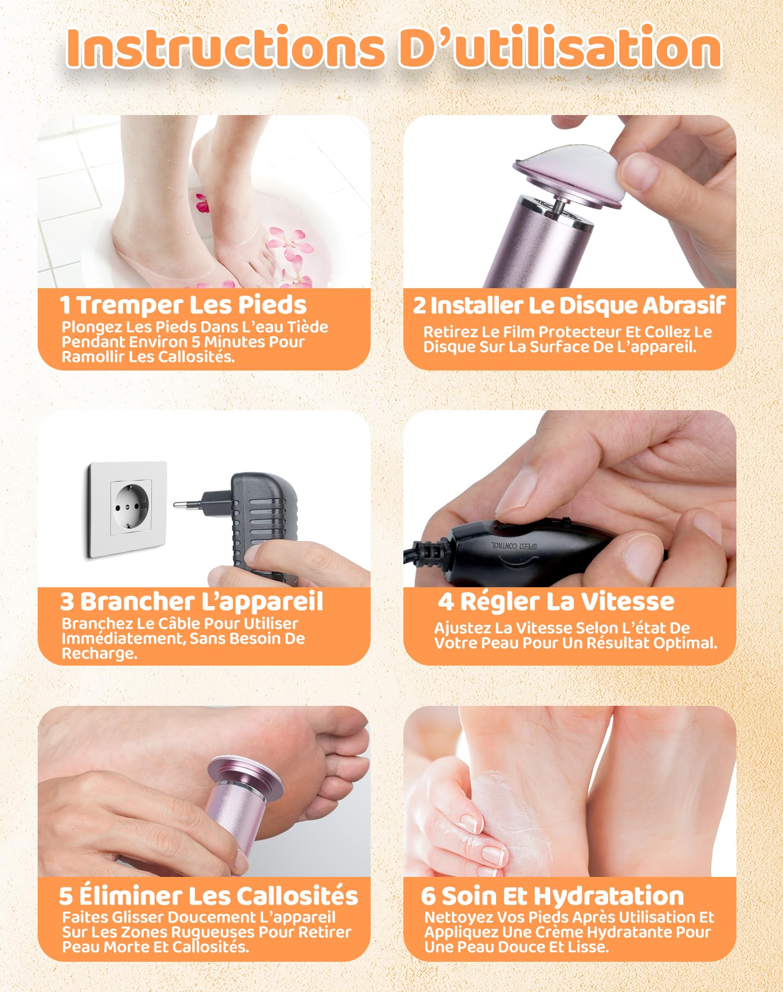 Honey Glow Pied, Râpe à Pieds Électrique, 60 Disques De Ponçage Remplaçables, Soin Des Pieds Doux & Efficace Pour Femme, Élimine Callosités Et Peau Morte À La Maison (Oro Rose)