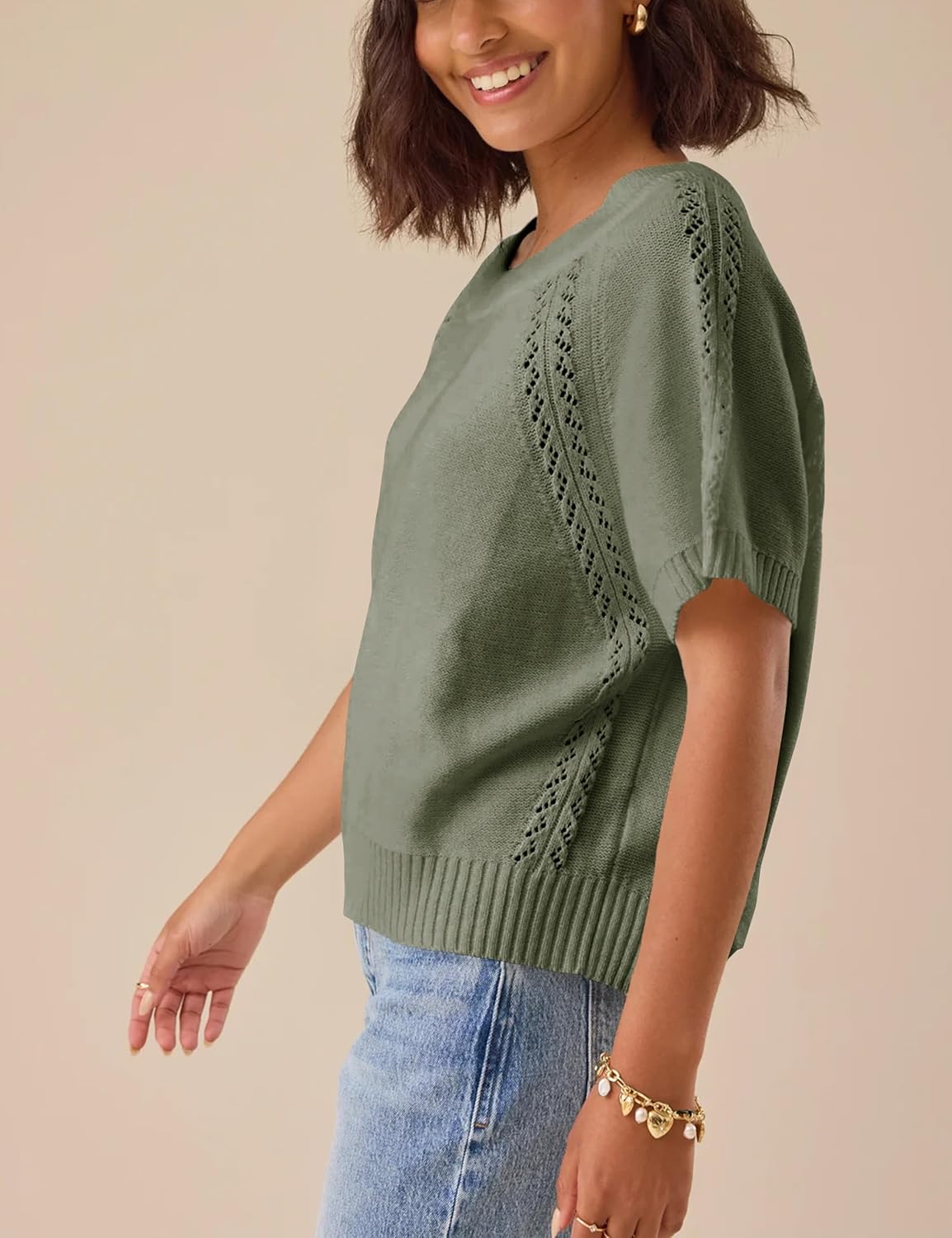 Yeokou Women Knit Crochet Top Short Sleeve Crew Neck Loose Fit Pullover Sweater Summer Fall Fashion Casual Knitted Blouse - Image 2