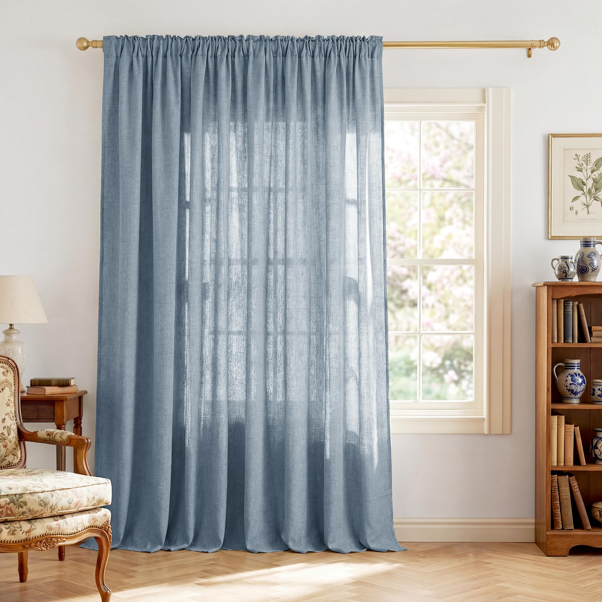 PONY DANCE Extra Breite Gardine Leinenoptik Vorhang Kräuselband | 1er Set H245 x B300 cm, Taubenblau, für Schiene, Lichtdurchlässig, Halbtransparent, Kinderzimmer Dekoration, Boho Style
