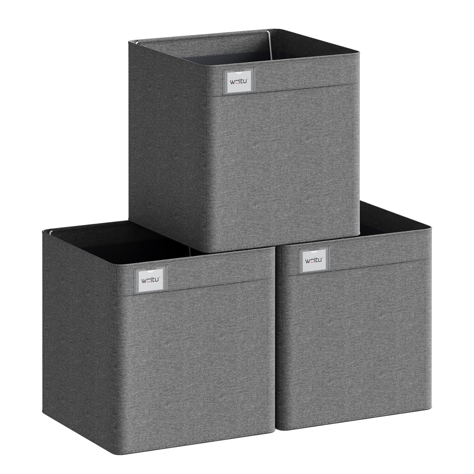 WOLTU Faltbare Aufbewahrungsboxen 3 Stück, Stoffboxen mit Griffen und Etikette, Aufbewahrungswürfel Organizer für Regal, Dunkelgrau, 32,5x32,5x32cm