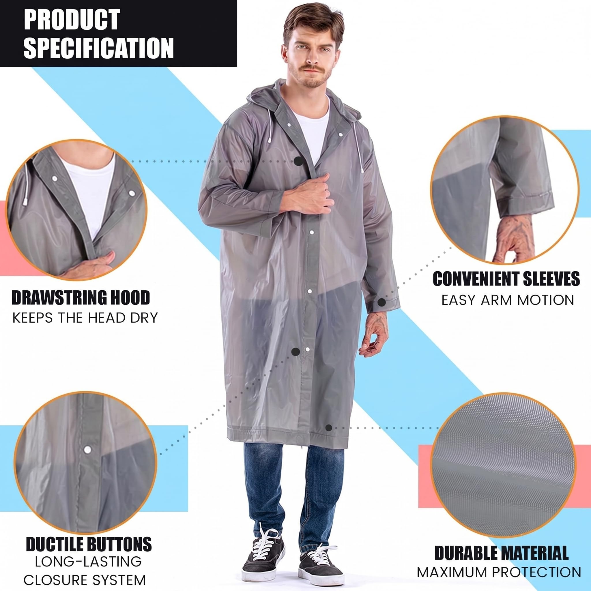 HACER EVA Rain Poncho rain coat for Men & Women, Lightweight Waterproof Raincoat with Hood, Adjustable Drawstring & Snap Button Closure, Reusable Outdoor Rainwear for Boys & Girls (Free Size, Grey) 1