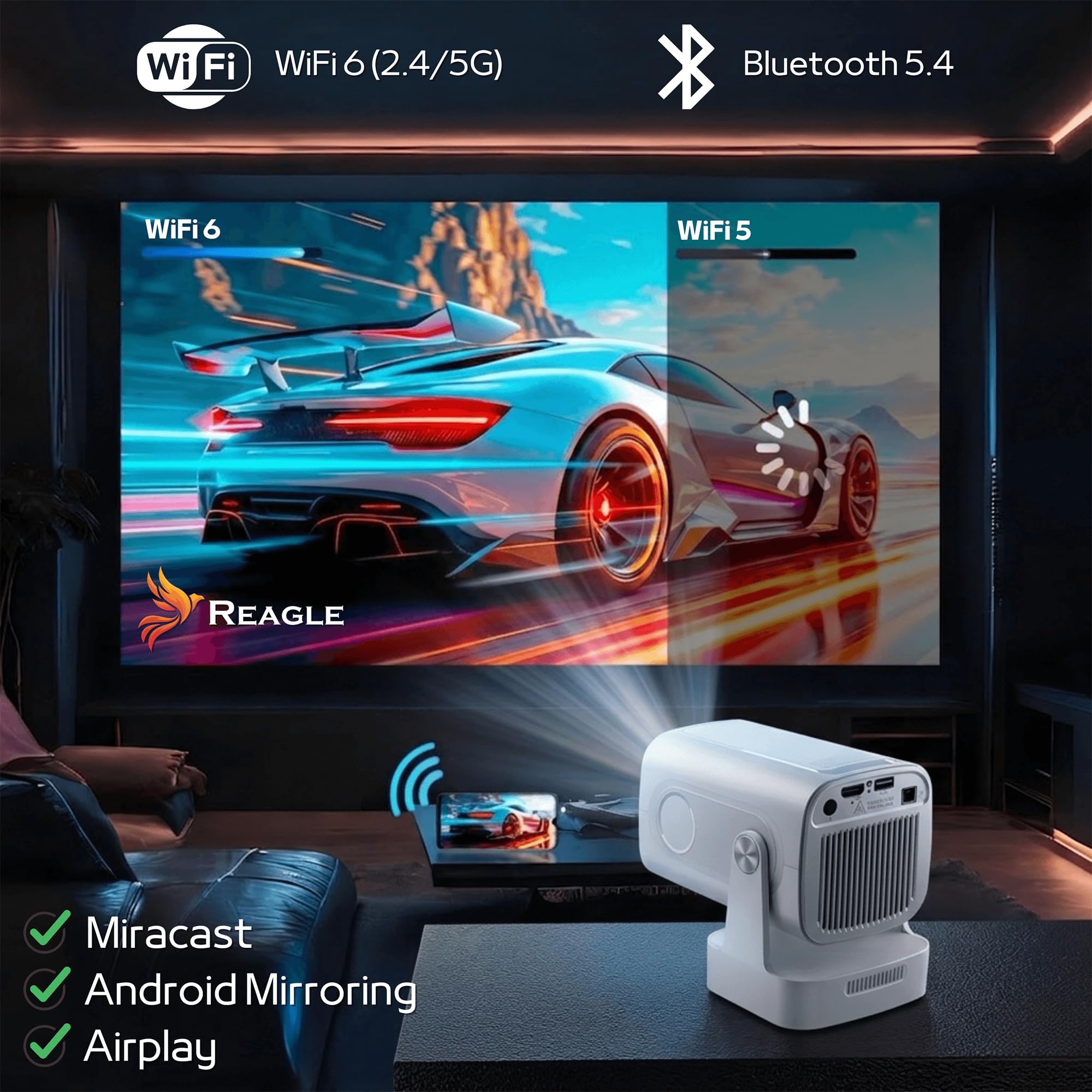Reagle Mini proiettore Full HD 1080p 4K Upscaling Android WLAN Bluetooth Auto Focus 330 ANSI LED Proiettore Portatile 130 Pollici Keystone HDMI USB Smart TV Wi-Fi Home Cinema Miracast
