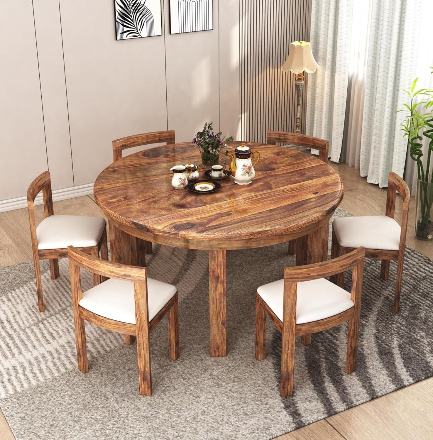 Solid Sheesham Wood Round 6 Seater Dining Table Set with 6 Chairs | Large Wooden Round Dining Table for Home, Kitchen & Dining Room | Space Saving Dining Furniture Set (Natural Teak Finish)