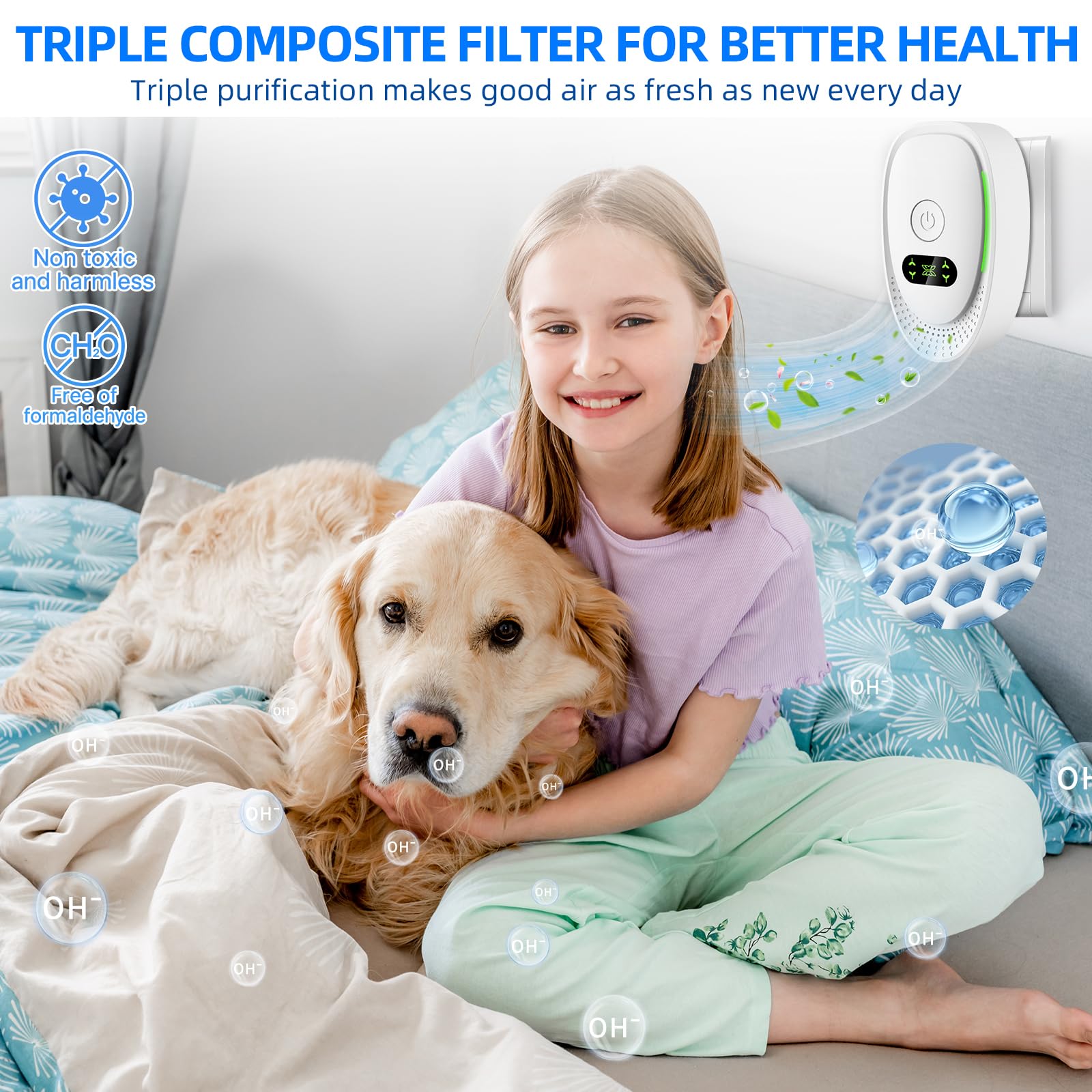 Confezione da 6 purificatori d'aria, ionizzatore negativo 2025 per la casa, mini filtro d'aria mobile senza filtro con luce verde per odori, polvere di fumo, animali domestici, funzionamento