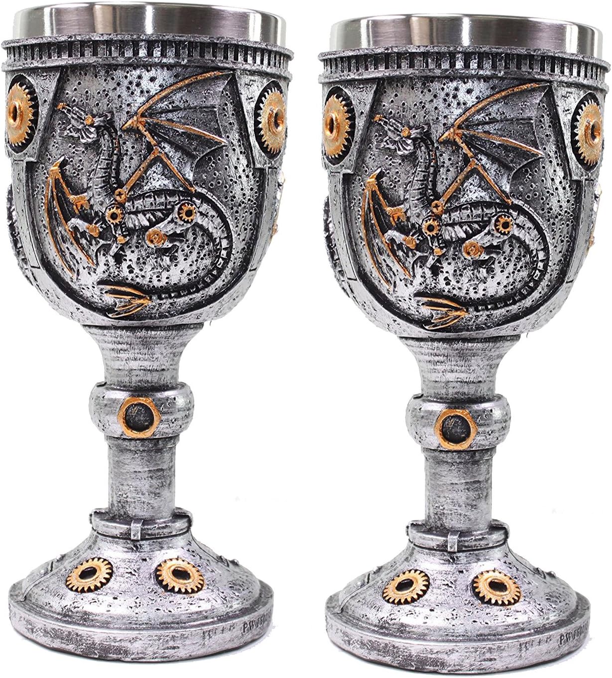 Set of 2 Mythical Silver Royal Dragon Wine Goblet Skulls Steampunk with Gears Collectible Halloween Party Home Decor Gift
