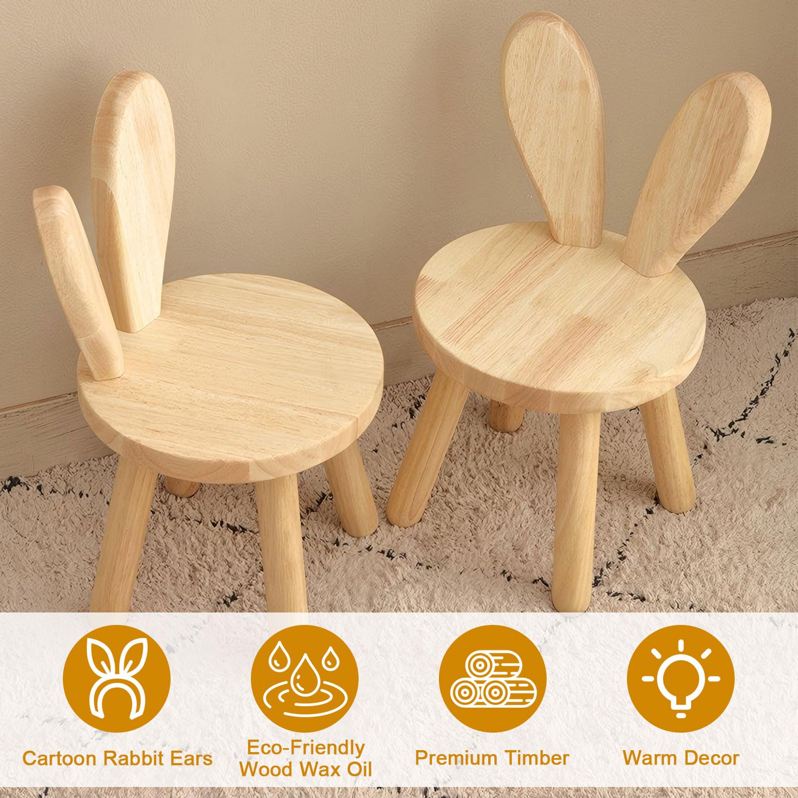 Chaise pour enfant en bois massif - Diamètre : 26 x 45 cm - Tabouret sur pied - Chaise pour enfant à partir de 3 ans - En bois massif - Avec dossier en forme d'oreilles de lapin et pieds en caoutchouc
