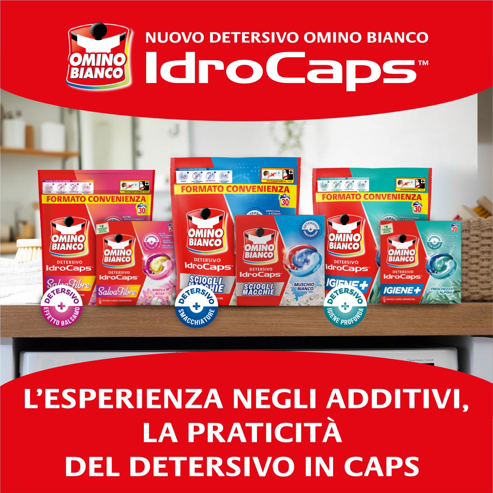Omino Bianco Idrocaps - Detersivo Lavatrice in Capsule Salva Fibre, 80 Lavaggi, Efficace a Basse Temperature, Profumo Ninfea Rosa, 20 Caps x 4 Confezioni
