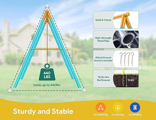Miniatura 3 de Juego de columpios 6 en 1 para patio trasero, juego de columpio de metal resistente para exteriores, incluye aro de baloncesto, 2 columpios, barra