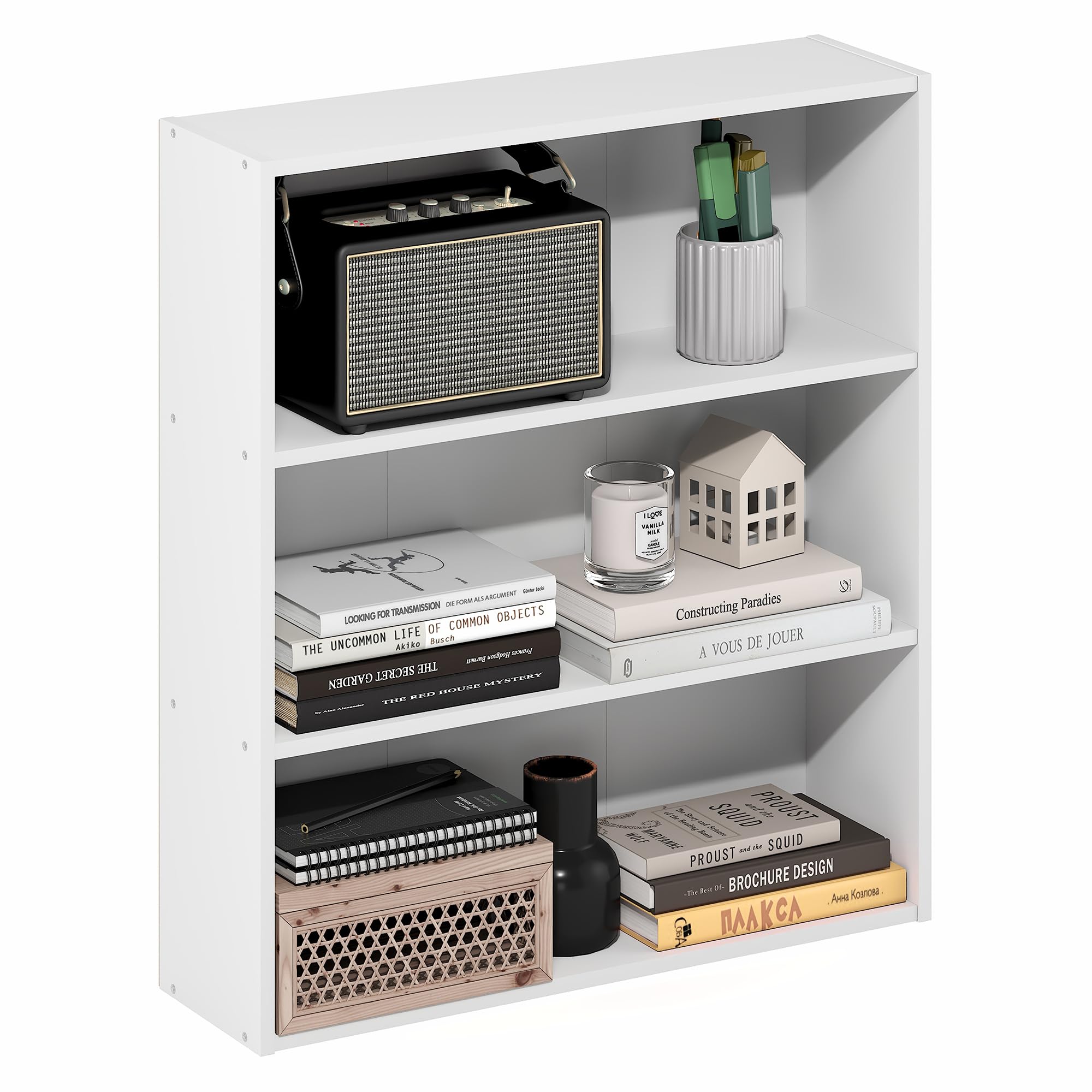 Furinno Basic Book Shelf, 3-Tier Bookshelf, Cube Storage Organizer Bookcase with Open Shelf, 7 x 24 x 26, for Living Room, Bedroom, Home Office, White