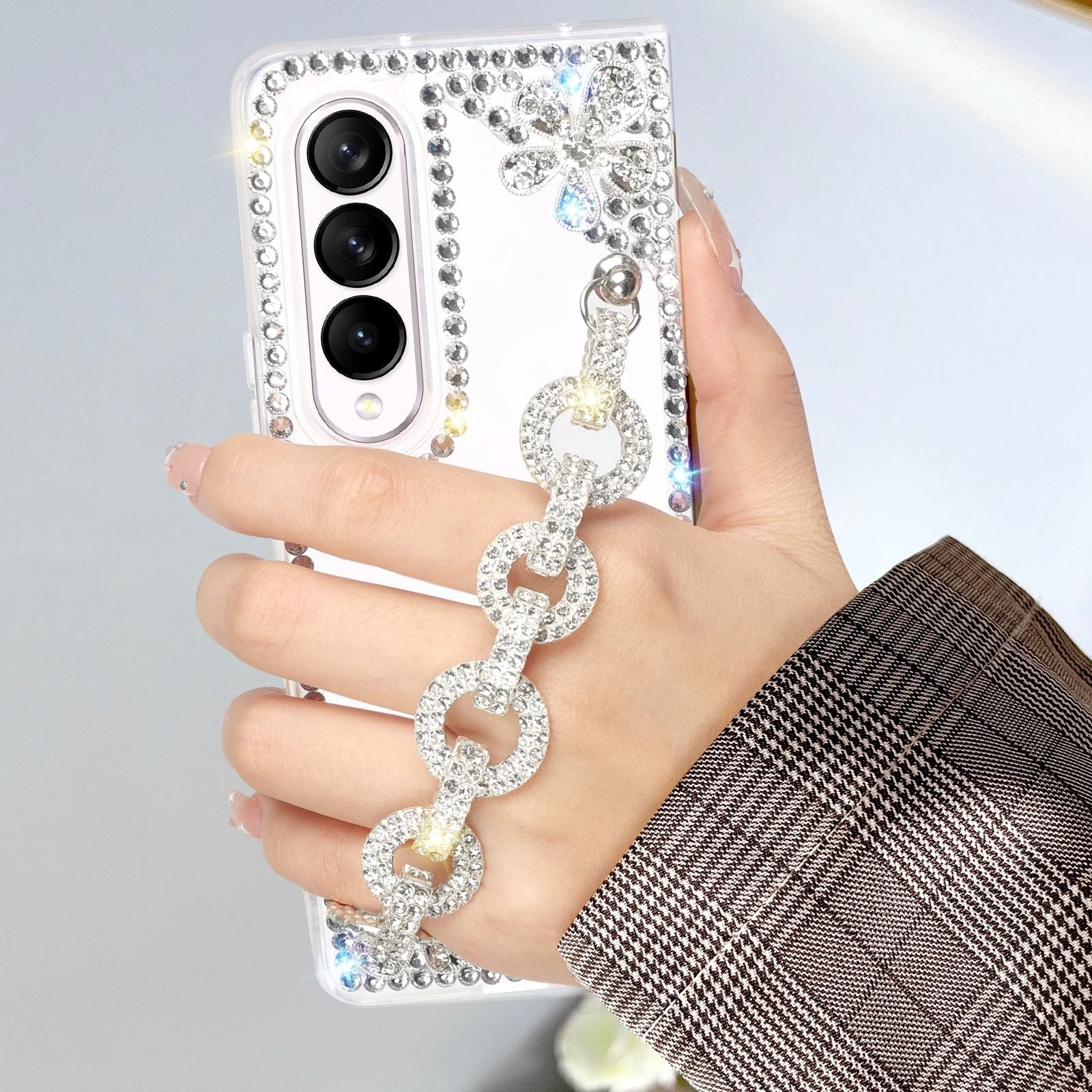 Omio Glitzer-Handyhülle Für Samsung Galaxy Z Fold 7 – Mit Handkette & Armband, Stoßfest & Voller Strass