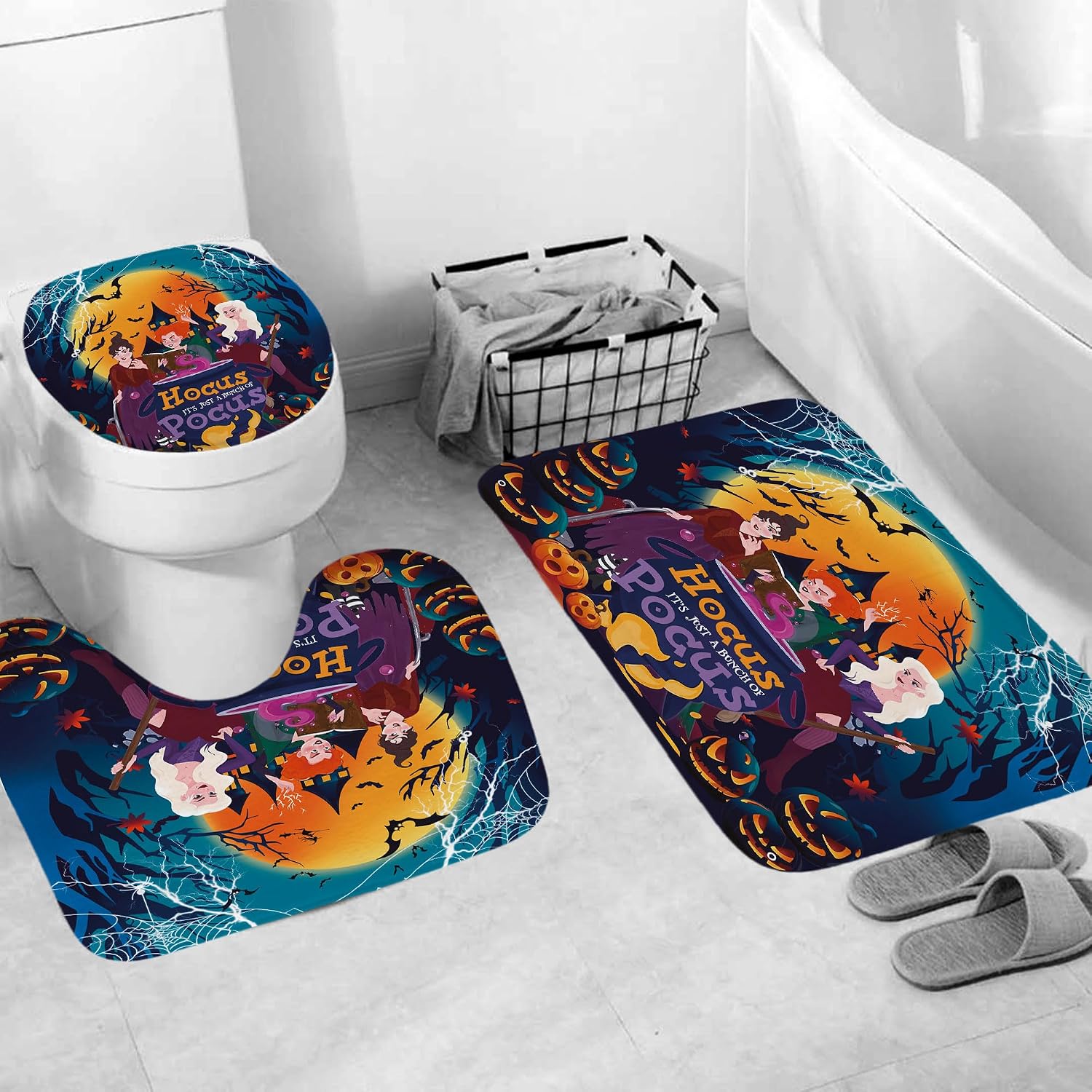 4Pcs Halloween Shower Curtain Set Hocus Pocus Shower Curtain for Halloween Bathroom Decor with Anti-Slip Waterproof Bathtub Bathroom Rugs Toilet Lid Cover