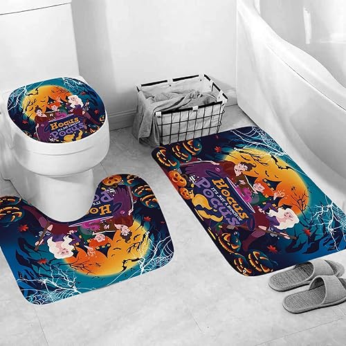 Miniatura 4 de Juego de 4 cortinas de ducha de Halloween con diseño de bruja Hocus Pocus, para decoración de baño de Halloween, con antideslizante e impermeable,