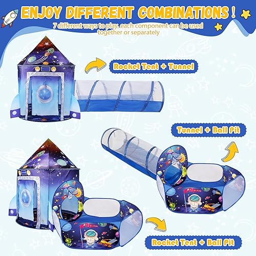Miniatura 7 de Tienda de campaña 3 en 1 con túnel de bolas para niños, casa de juegos desplegable con temática espacial, para interiores y exteriores, juego de