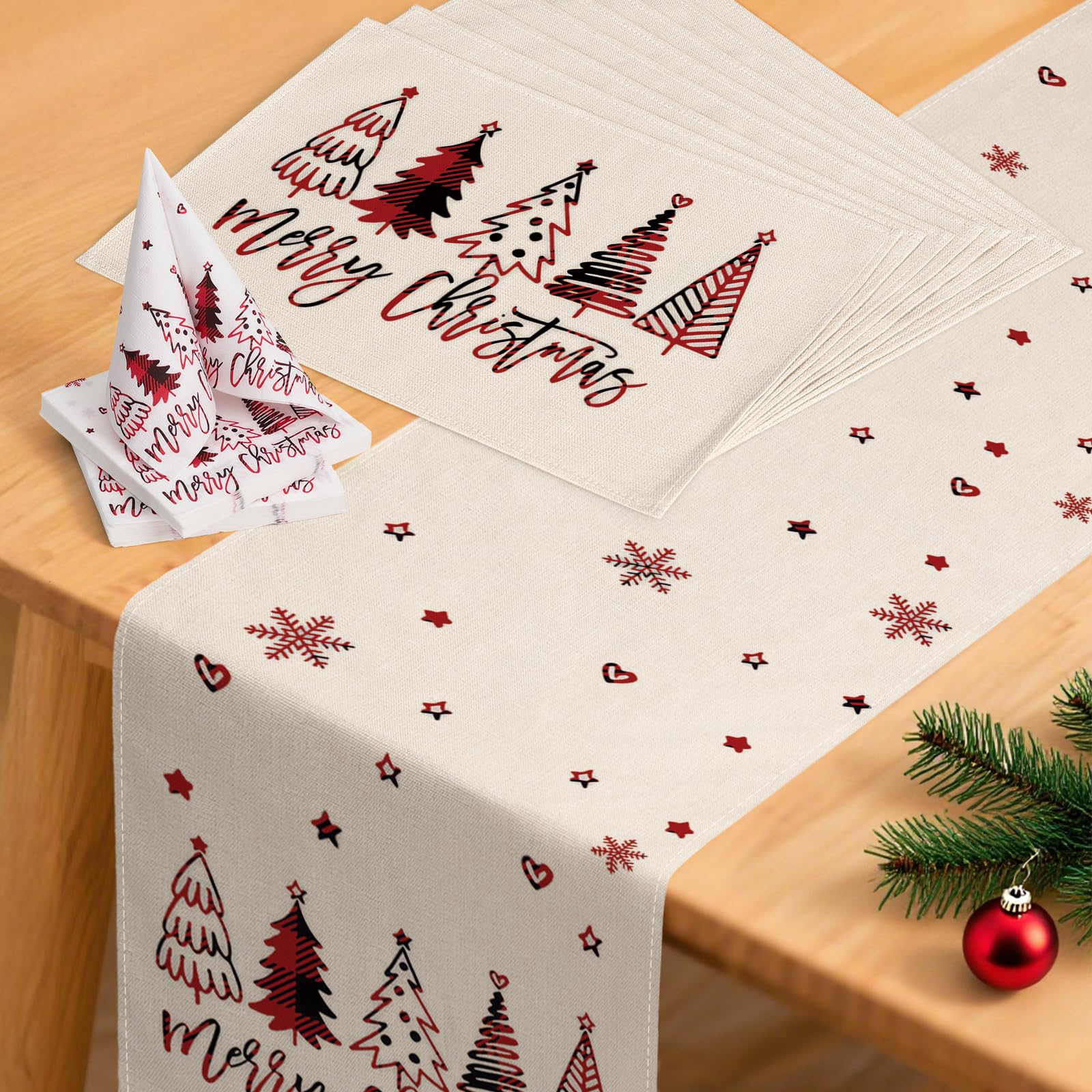 YCOLL Runner da Tavola Natalizio Beige/Rosso Invernale Impermeabile, Moderno con Tovagliette e Tovaglioli, per Decorazioni Tavola Interno Esterno, Cucina, Feste e Cena di Natale