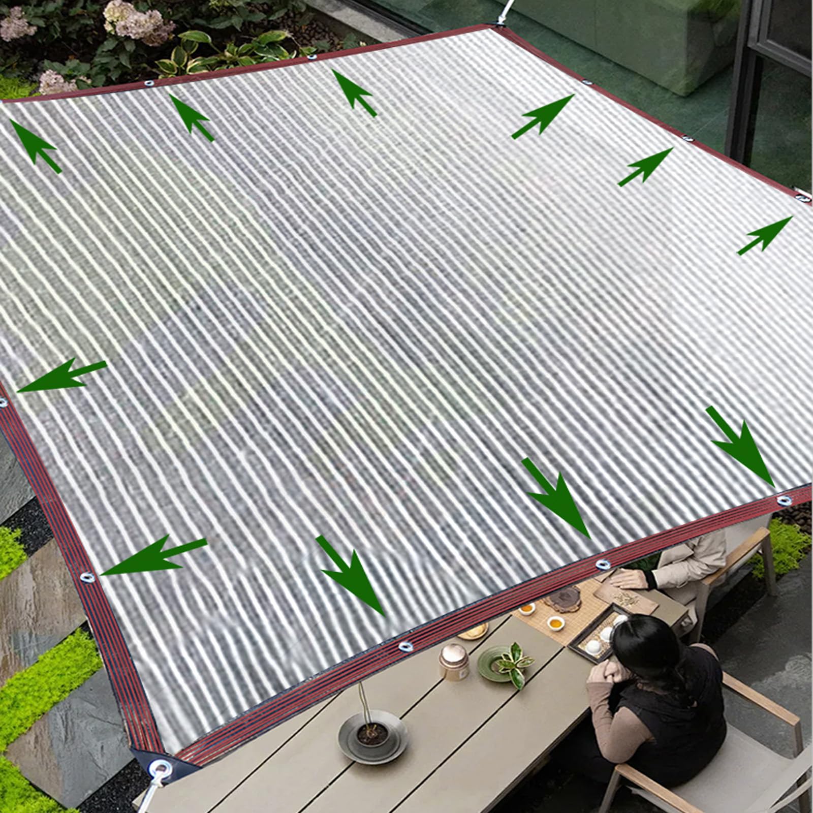Siatka Zacieniająca z Folii Aluminiowej,Odblaskowy żagiel Przeciwsłoneczny,95% Odporna na Promieniowanie UV,do Ogrodu,Roślin,Szklarni,Szopy,na Zewnątrz,na Dach Tarasu (400cm x 400cm)