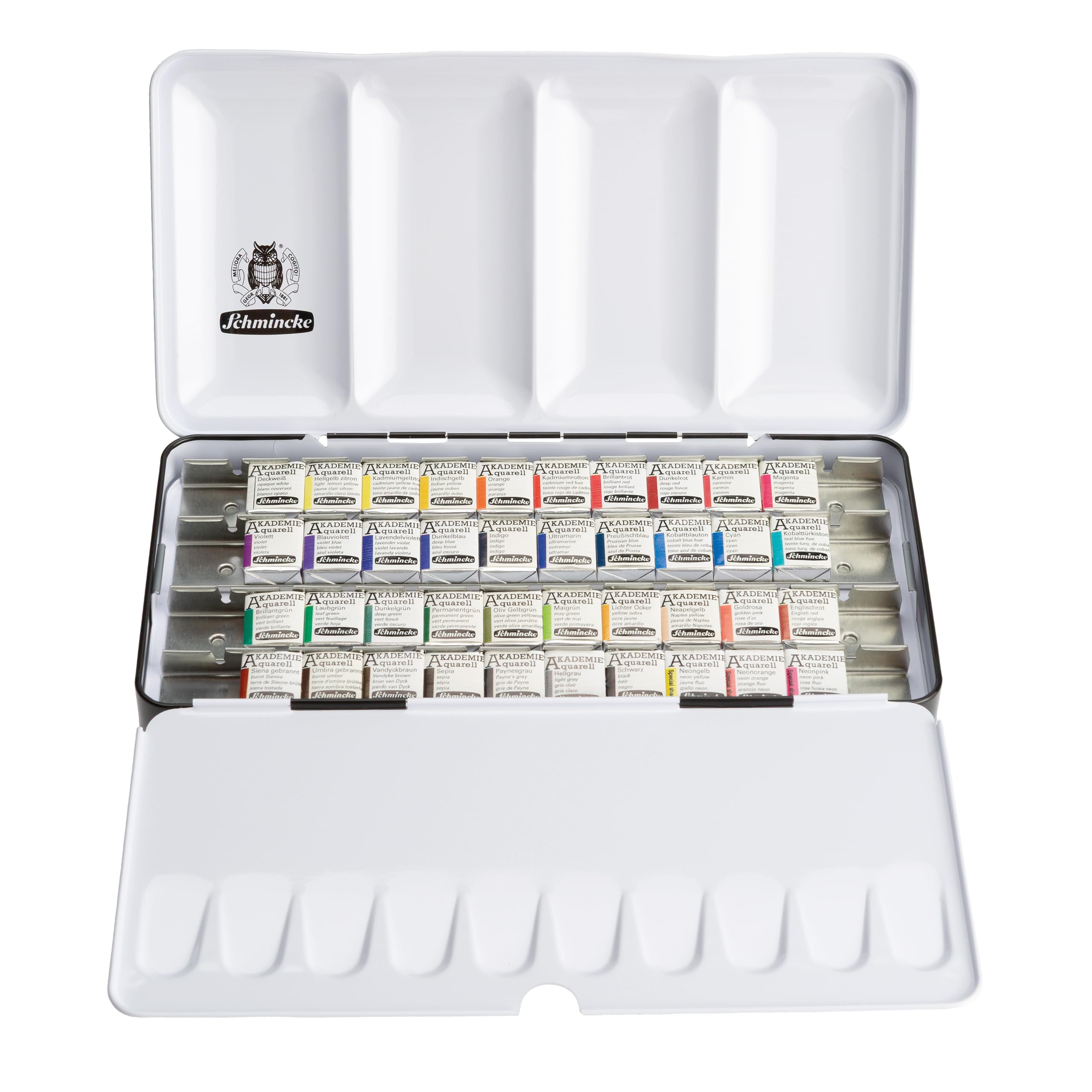 Schmincke – AKADEMIE Acquerello Compatto, scatola di metallo, 40 x 1/2 ciotole, 75 140 097, gamma completa, tonalità altamente resistenti alla luce, colori ad acquerello