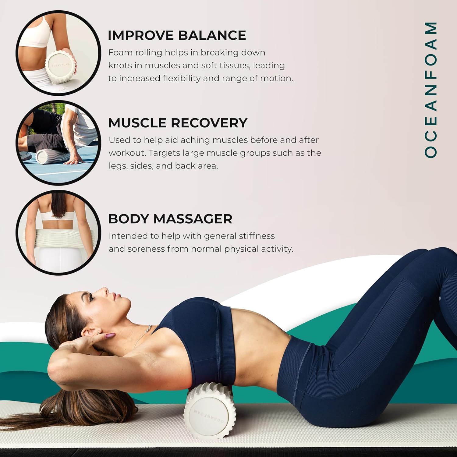 Oceanfoam Soft Tidal Roller (Natural) - Low Density Foam Roller for Physical Therapy, Back Pain, Exercise & Stretching - Wave Textured - Yoga, Athletics, & Wellness - Full Size, 20" x 5" - Image 7